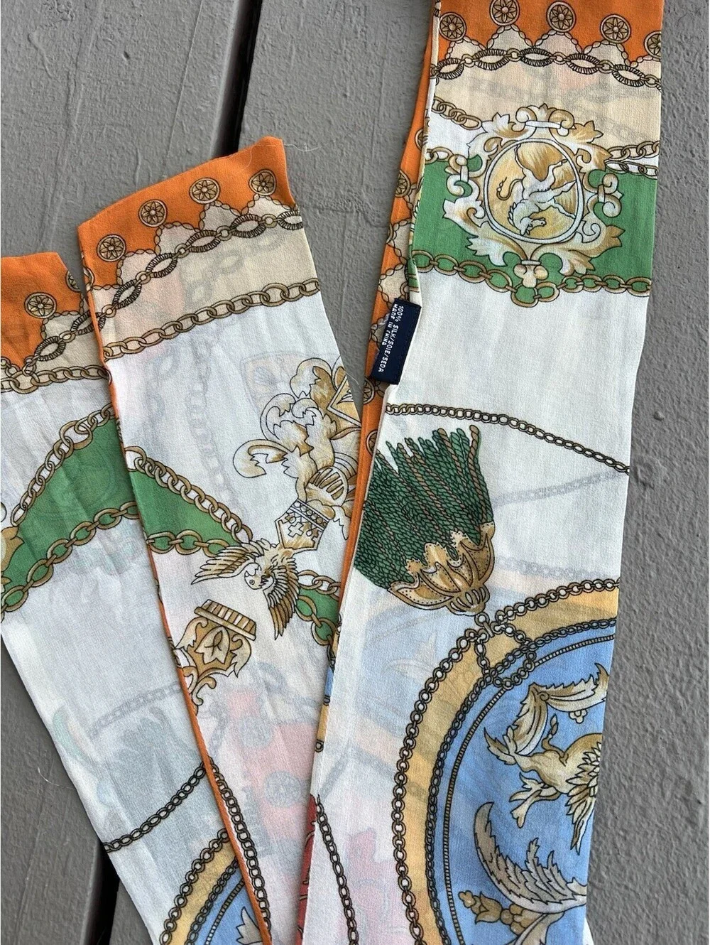 Silk narrow 64”X4” multicolored printed scarf chain equestrian  Tommy Hilfiger.